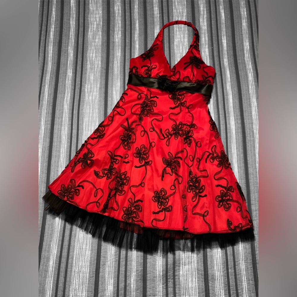 Josh & Jazz red and black halter cocktail dress, size 11/12